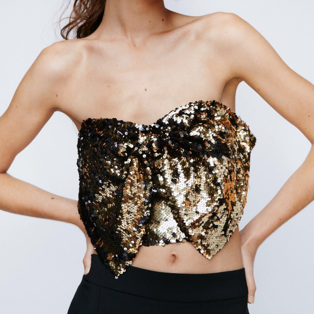 Nasty Gal Size 10 Gold Sequin Bow Strapless Crop Top